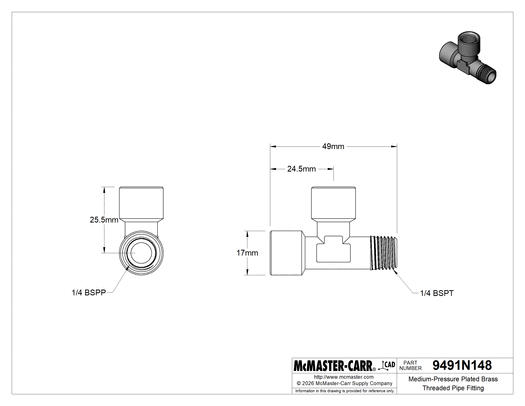 Technical drawing of Medium-Pressure Plated Brass Threaded Pipe Fitting, Right-Angle Tee Adapter, 1/4 BSPP Female x BSPT Male.